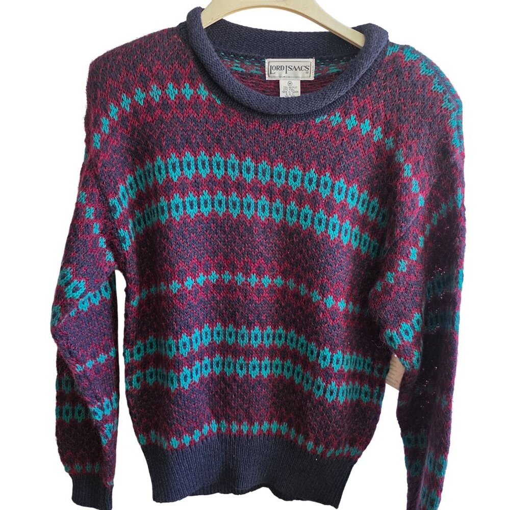 Lord Isaacs 80s Sweater Medium Fair Isle Knit Retro Acrylic Wool Pullover
